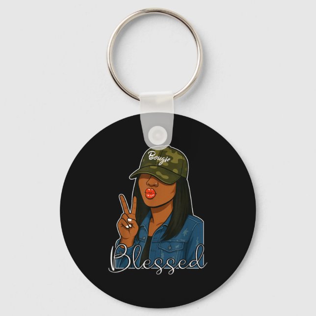 Bougie Blessed Camo Hat Christian Black Woman  Key Ring (Front)