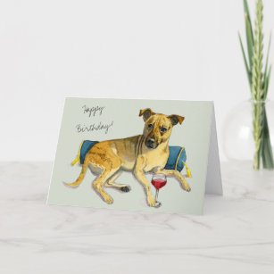 Bougie Brindle Dog Enjoying Wine   Happy Birthday Card