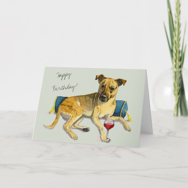 Bougie Brindle Dog Enjoying Wine | Happy Birthday Card (Front)