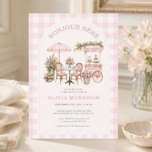 Boujour Bebe Cafe Pink Gingham Girl Baby Shower Invitation