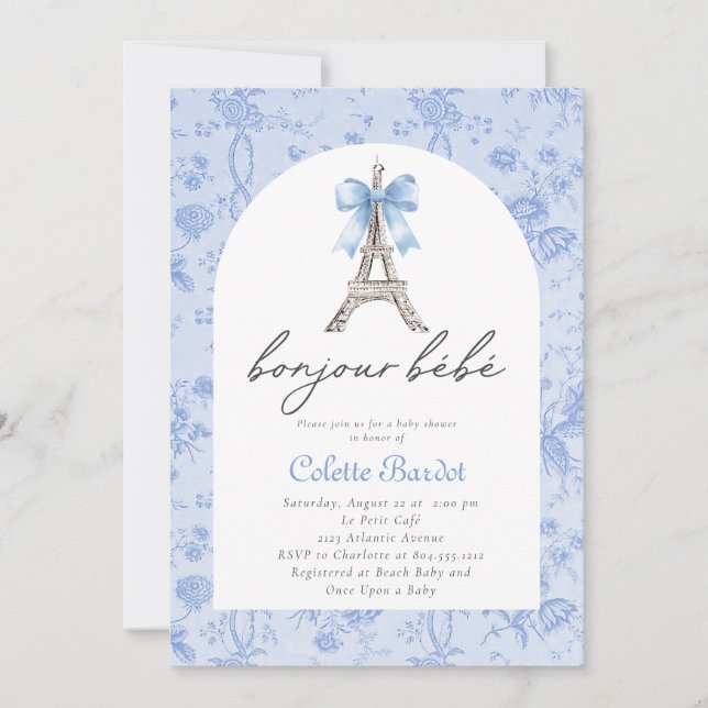 Boujour Bebe Paris French Toile Blue Baby Shower  Invitation (Front)