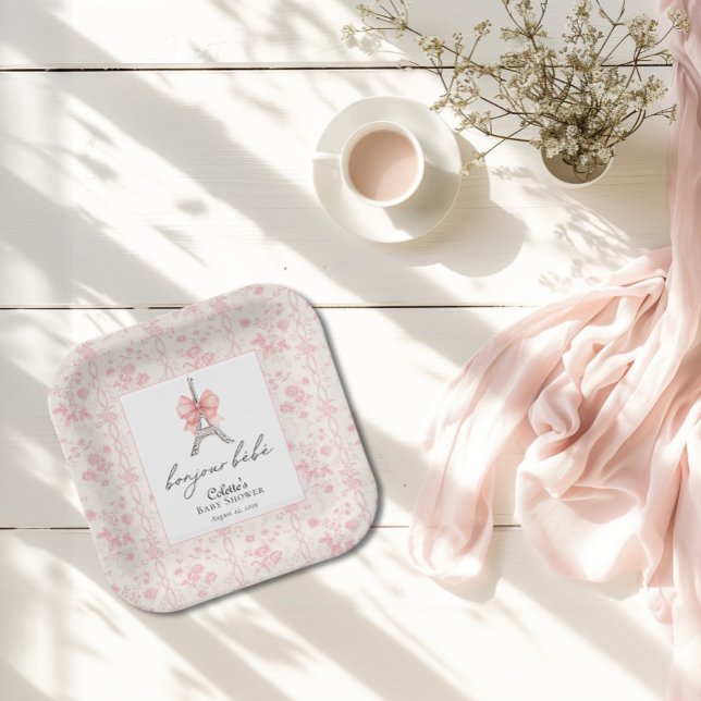Boujour Bebe Paris French Toile Pink Baby Shower Paper Plate (Bon Jour Bebe Baby Shower  Paper Plate )