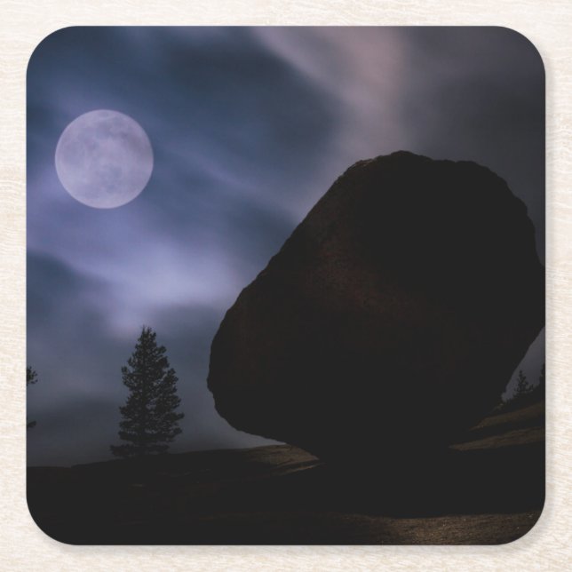 Boulder by Moonlight | Yosemite National Park Square Paper Coaster (Front)