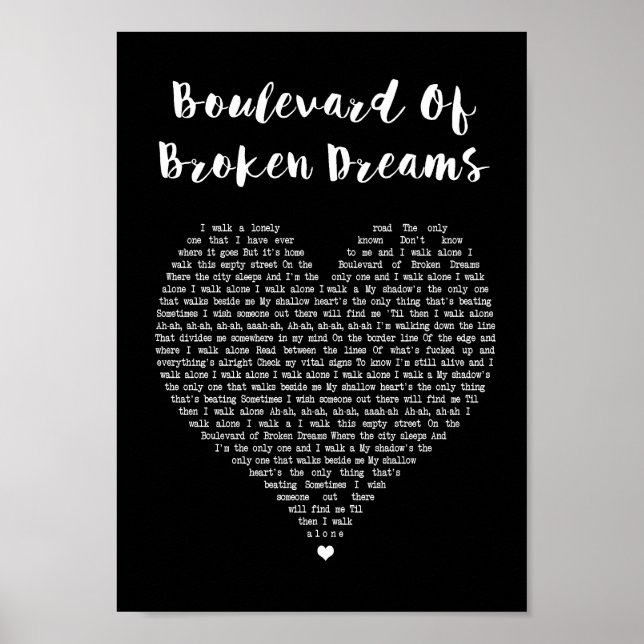 Boulevard Of Broken Dreams Black Heart Song Lyric Poster (Front)