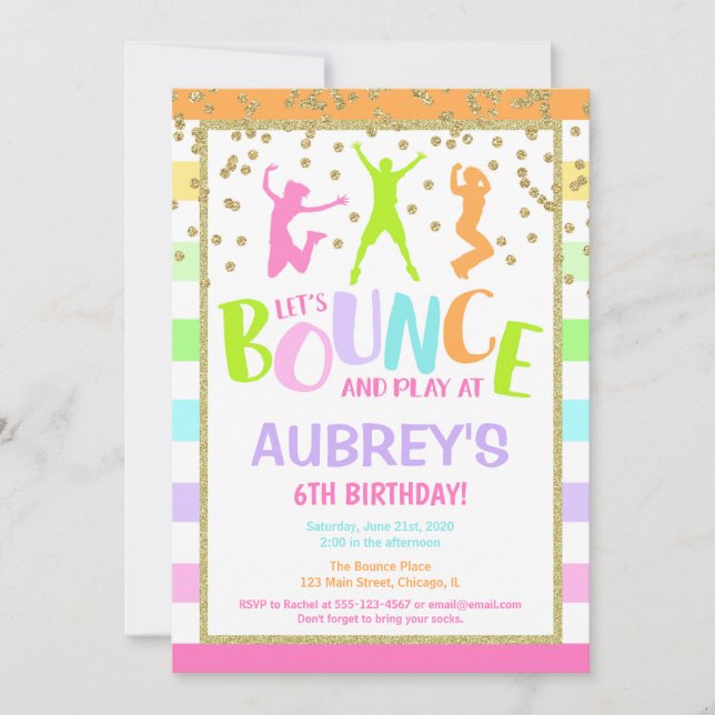 Bounce birthday party rainbow pastel glitter girl invitation (Front)