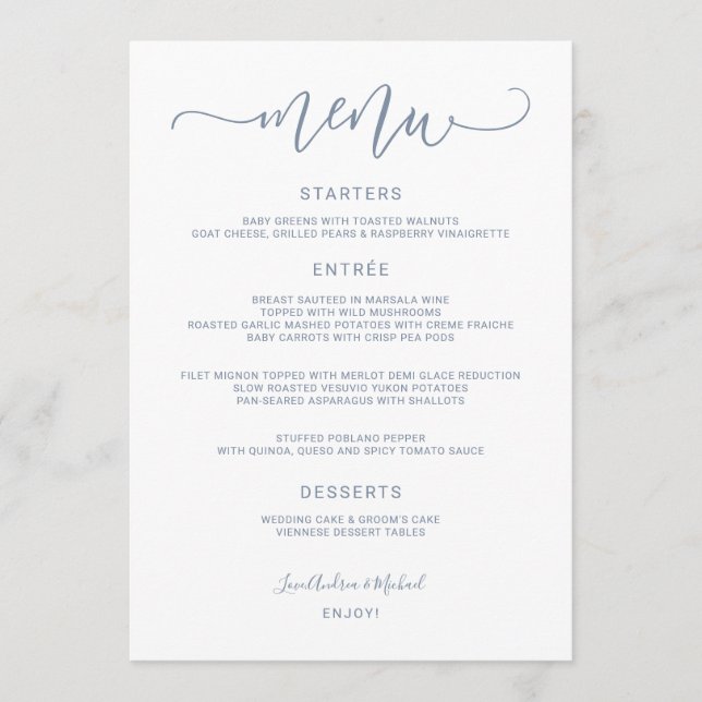 Bounce Calligraphy Swirly (Dusty Blue) Wedding Menu (Front)