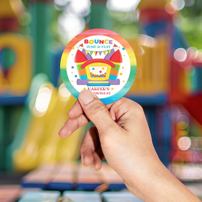 Bounce House Birthday Rainbow  Classic Round Sticker (Let our bounce house birthday party theme, help take your little one’s big day to new heights.)