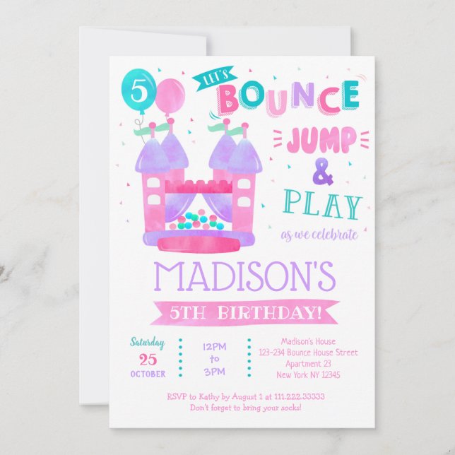 Bounce House Jump Birthday Invitations for girl (Front)