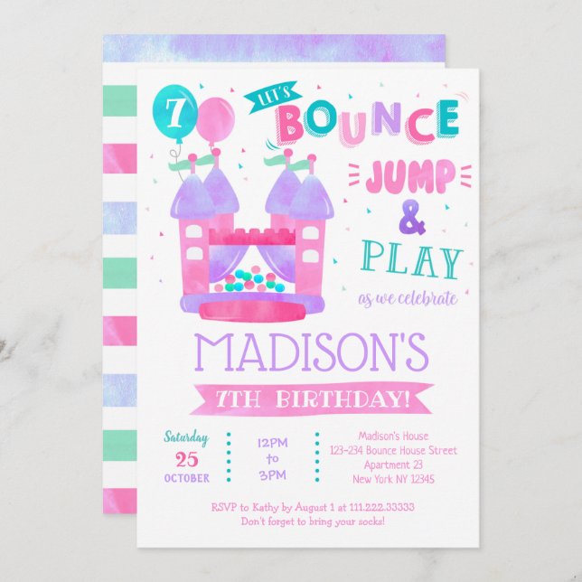Bounce House Jump Birthday Invitations for girl (Front/Back)