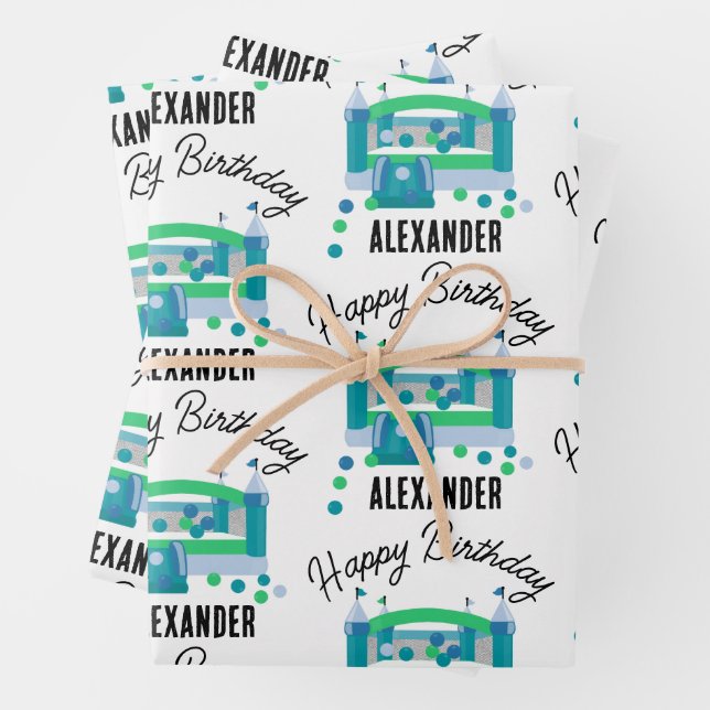 Bounce House Jumping Castle Birthday Name Kids Boy Wrapping Paper Sheet (In situ)