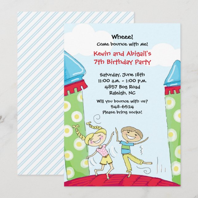 Bounce House Party Invitations Green Boy and Girl (Front/Back)