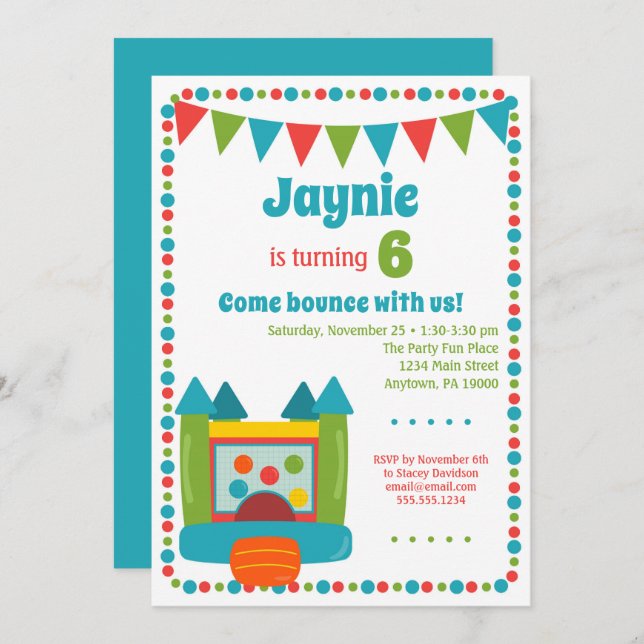 Bounce Invitation Girls Boys Jump Birthday Party (Front/Back)