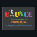 Bounce Trampoline Kids Birthday Party Invitations<br><div class="desc">Bounce and over and celebrate with the birthday boy! This colourful invitation has the word bounce in big font size. The letter o is replaced with a round trampoline where a silhouette of a boy can be seen bouncing on the trampoline. Children guests are going to look forward to a...</div>