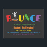 Bounce Trampoline Kids Birthday Party Invitations<br><div class="desc">Bounce and over and celebrate with the birthday boy! This colourful invitation has the word bounce in big font size. The letter o is replaced with a round trampoline where a silhouette of a boy can be seen bouncing on the trampoline. Children guests are going to look forward to a...</div>