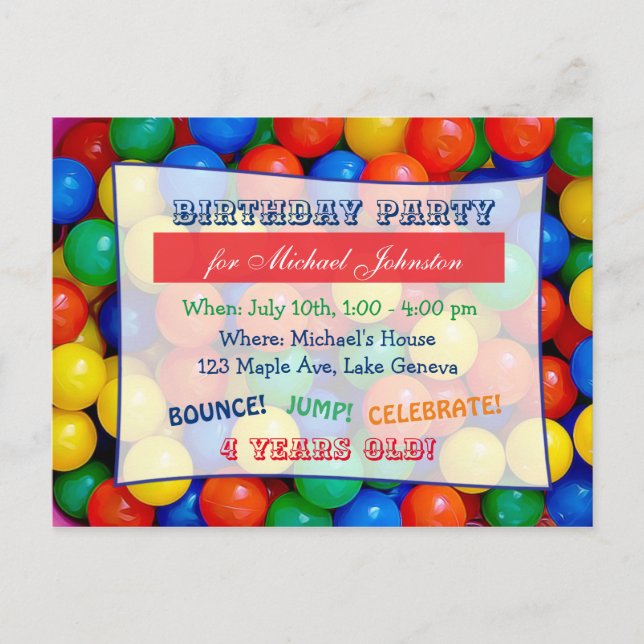 Bouncy Balls Ball Pit Boy's Birthday Party Invites Postcard (Front)