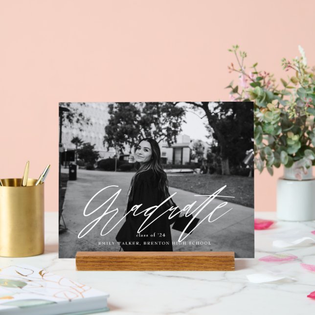 Bouncy Script Graduation Announcement Card Acrylic Sign (Wedding)