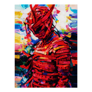 Bound in Red Script Vibrant Calligraphy Figure Poster