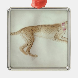 Bounding cheetah with a red collar metal ornament