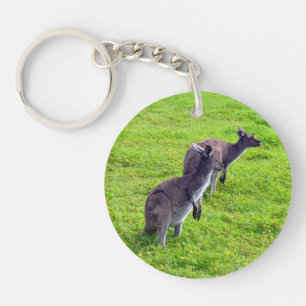 Boundless Horizons: Grey Kangaroos on Grassy Plain Key Ring