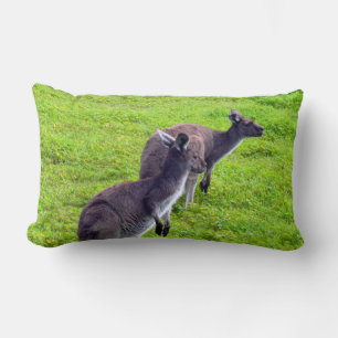 Boundless Horizons: Grey Kangaroos on Grassy Plain Lumbar Cushion