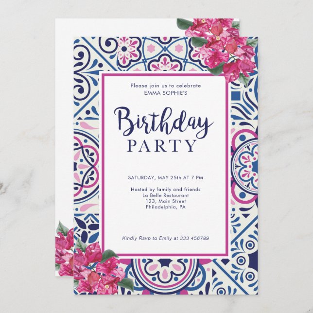Bounganvillea and tiles Birthday Invitation (Front/Back)