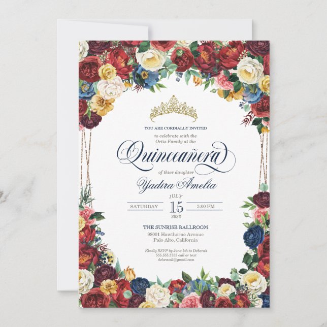 Bounitful Garden Royal Blue Red Floral Quinceanera Invitation (Front)