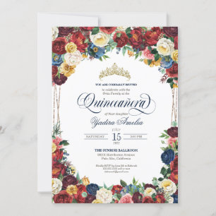 Bounitful Garden Royal Blue Red Floral Quinceanera Invitation