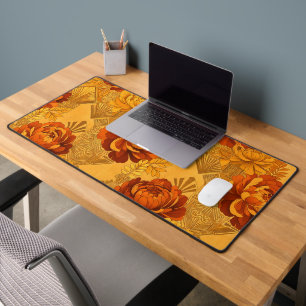 Bountiful Blossoms Golden Orange Art Deco  Desk Mat