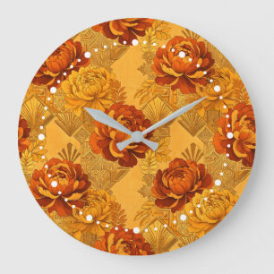 Bountiful Blossoms Golden Orange Art Deco Large Clock