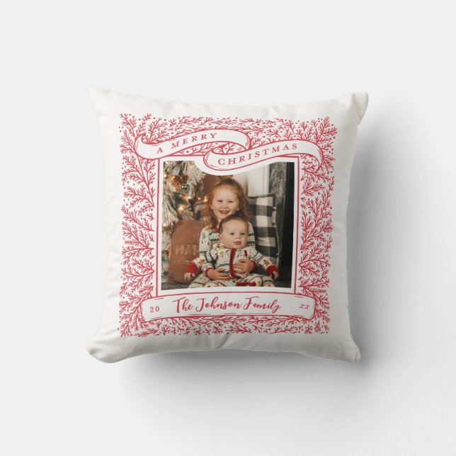Bountiful Branches Red and White Photo Christmas Cushion (Front)