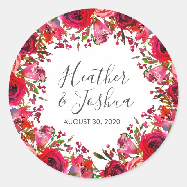 Bountiful Rose Ruby Red Wedding Classic Round Sticker (Front)