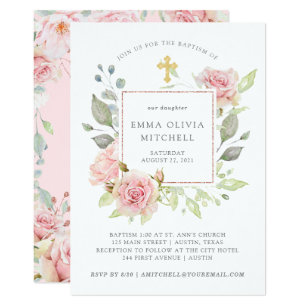 Bountiful Roses | Elegant Pink Floral Baptism Invitation