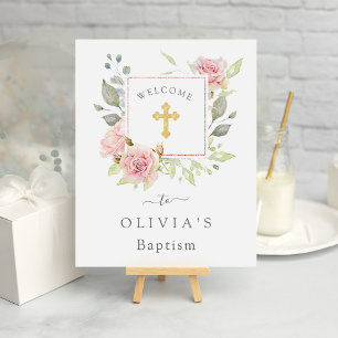 Bountiful Roses Elegant Pink Floral Baptism Poster