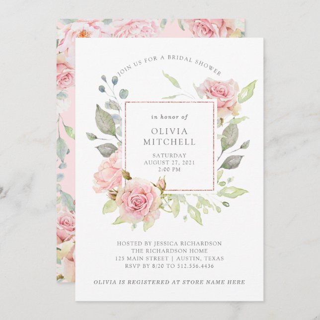 Bountiful Roses Elegant Pink Floral Bridal Shower Invitation (Front/Back)