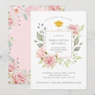 Bountiful Roses   Pink Floral Graduation Party Invitation