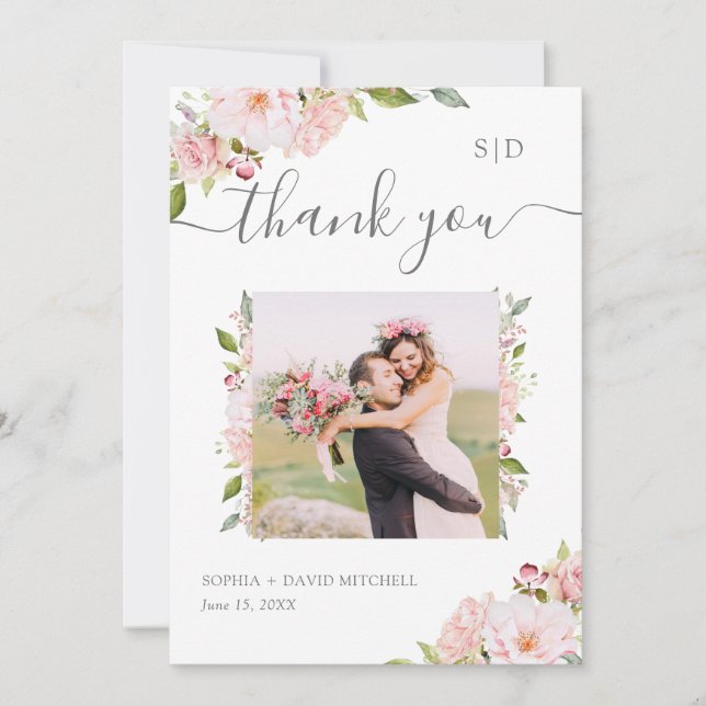 Bountiful Roses | Pink Floral Wedding Photo Thank You Card (Front)