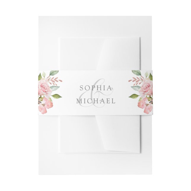 Bountiful Roses | Pink Flowers on White Wedding Invitation Belly Band (Front Example)