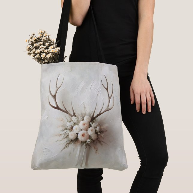 Bouquet and Deer Antlers Tote Bag (Close Up)