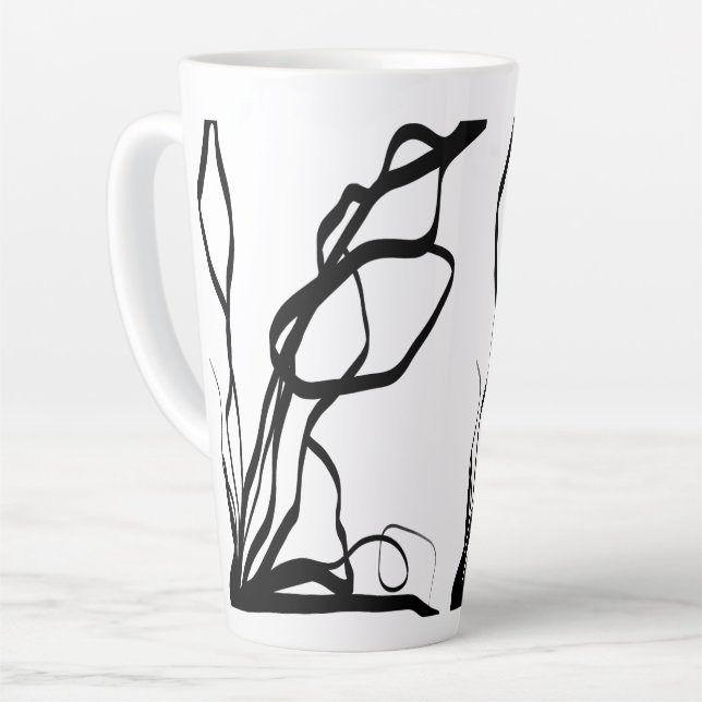 Bouquet Blanc: Abstract White & Black Latte Mug (Left Angle)