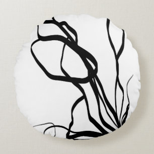 Bouquet Blanc: Abstract White & Black Round Cushion