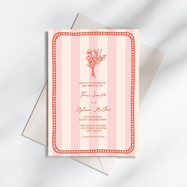 Bouquet Border Pink Stripe Tropical Wedding Invitation (Creator Uploaded)