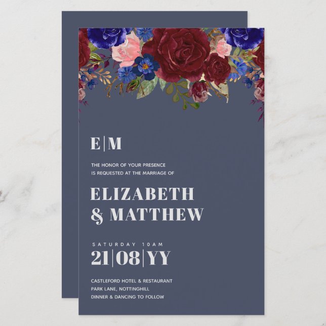 Bouquet Burgundy Blue Roses Wedding Invite (Front/Back)