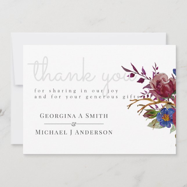 Bouquet Burgundy Floral Navy Blue PInk COUPLES Thank You Card (Front)