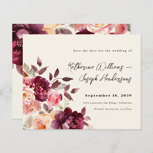 Bouquet Floral Burgundy Wedding Save the Date (Front/Back)