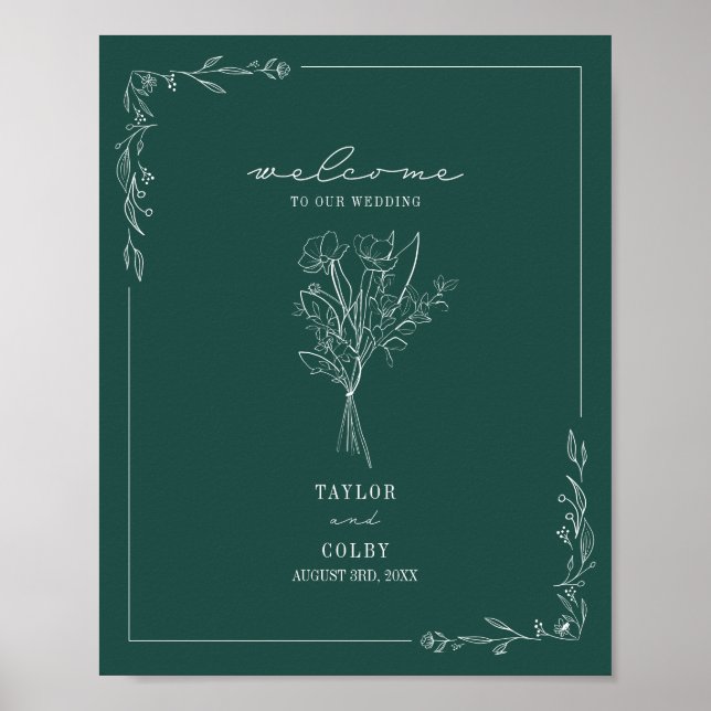Bouquet Line Art Emerald Wedding Welcome Poster (Front)