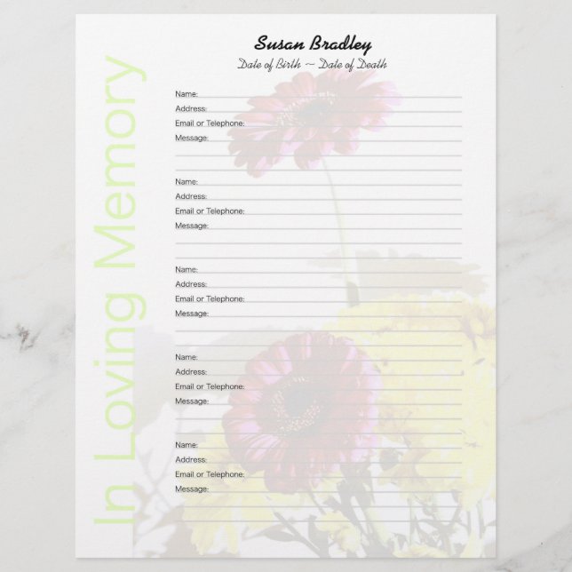 Bouquet - Memorial Guest Book Custom Filler Pages (Front)