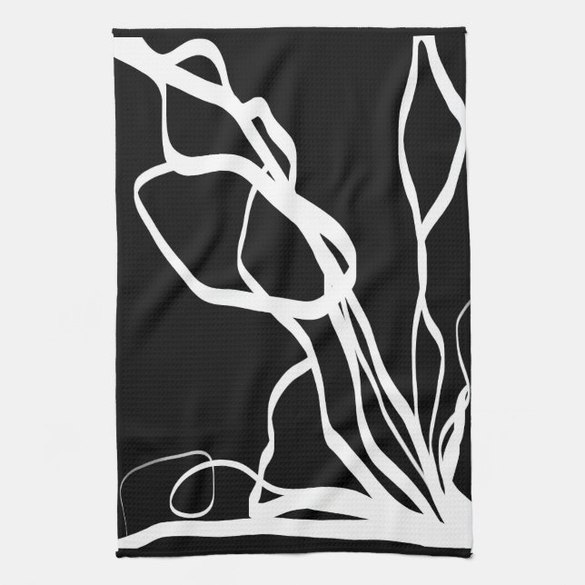 Bouquet Noir: Abstract Black & White Tea Towel (Vertical)
