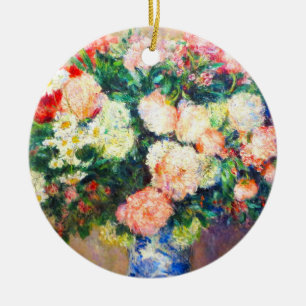Bouquet of Chrysanthemums and a Japanese Fan Ceramic Ornament