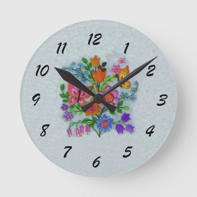 Bouquet of Colourful Spring Flowers Butterflies Round Clock (Front)