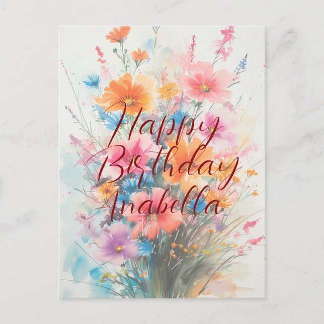 Bouquet of Flowers Calligraphy Birthday Postcard (Front)